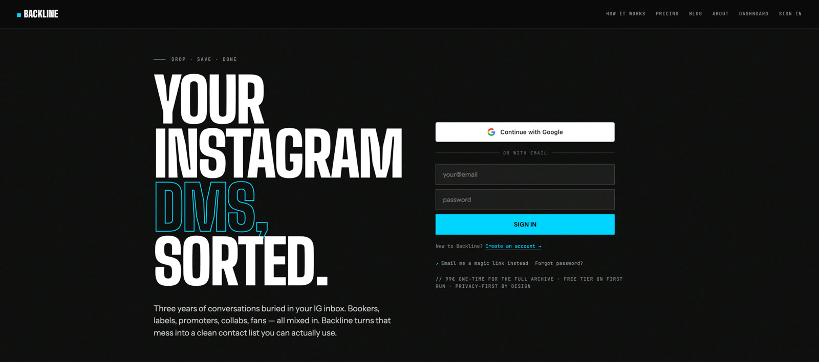 Backline sign-in page · Google + email/password + magic link